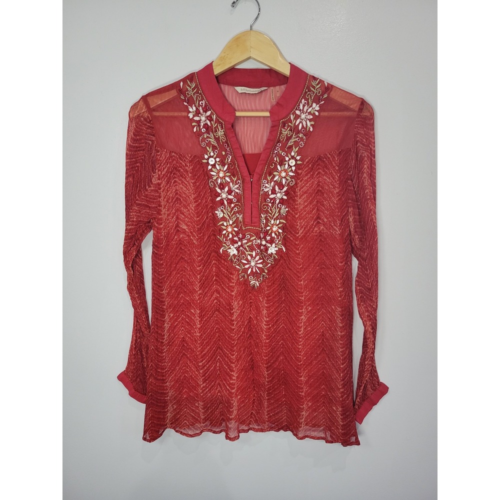 Soft Surroundings Red Embroidered Sequin Chevron‎ Tunic Top Womens Medium